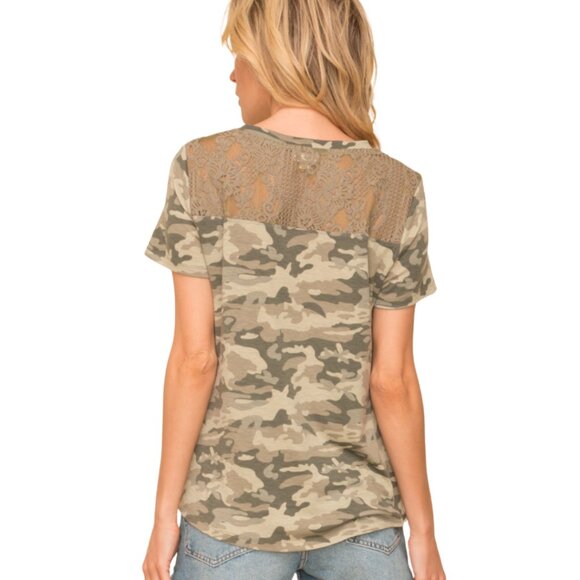 127 Live $20. Start, Hem & Thread TWIST HEM LACE CONTRAST CAMO PRINT TEE - Picture 2 of 7
